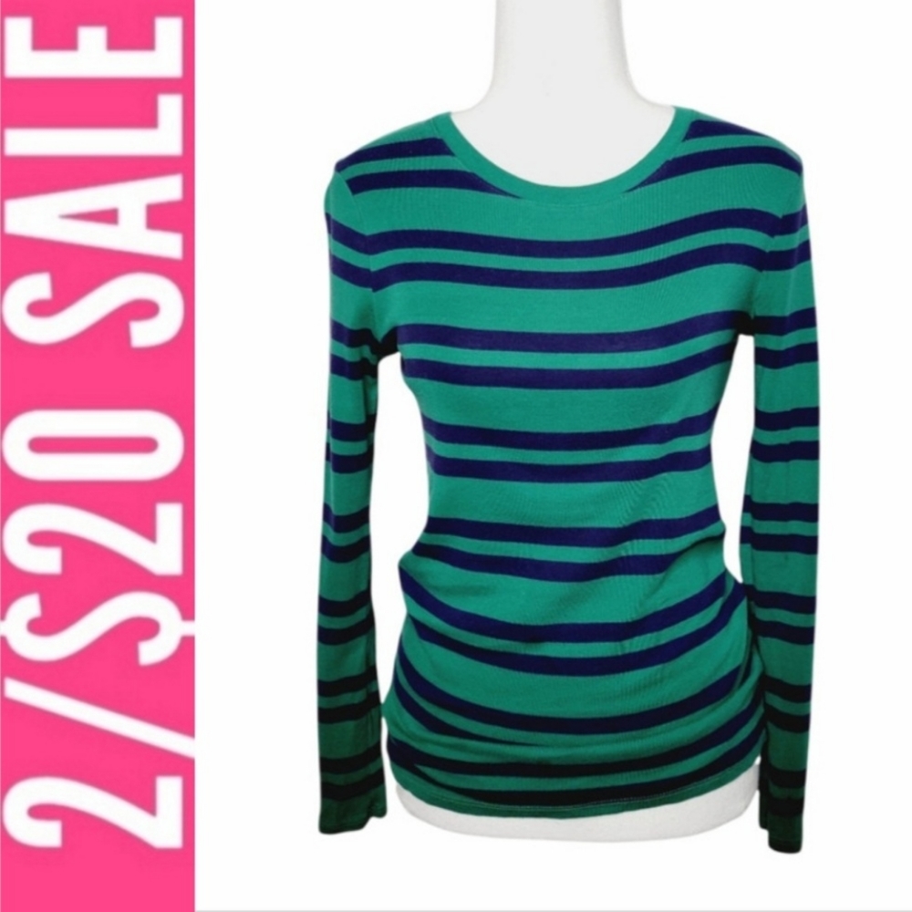 2/$20 MERONA Navy Blue and Green Striped Long Sleeve Fitted Crew Neck Tee Sz XS